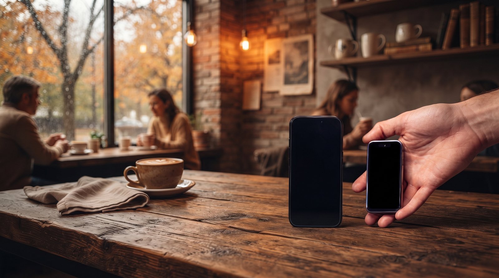 AEROS Juno i hånden på en kafé, ved siden av en vanlig stor telefon
