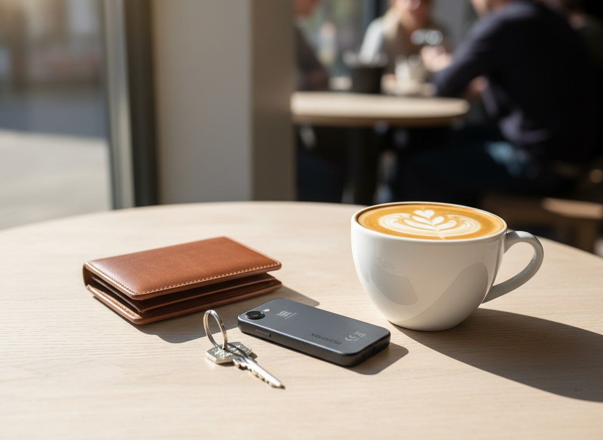 AEROS Juno på et kafébord ved siden av lommebok, nøkler og en kopp kaffe